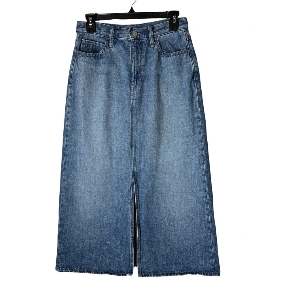 Uniqlo Denim Midi Skirt Women 10 Blue Medium Wash Front Slit Straight Jean